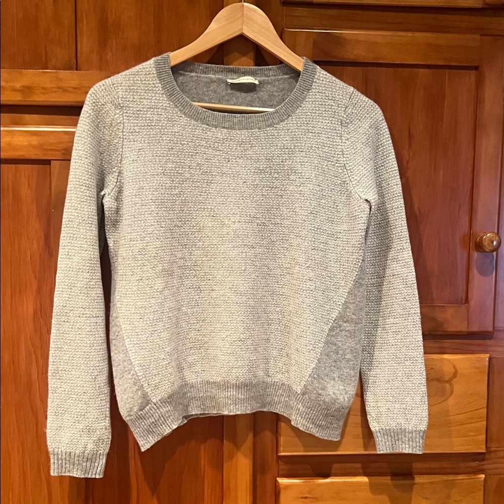 White + Warren Gray and White Cashmere Crew Neck Sweater